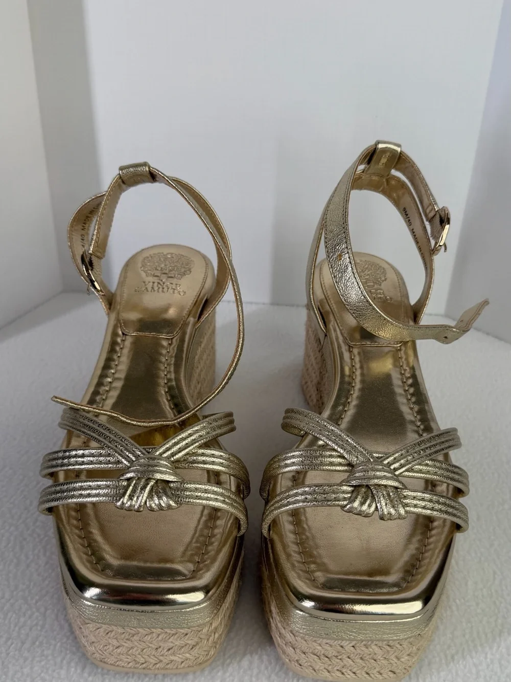 Vince Camuto Metallic Gold Knotted Strap Platform Wedges